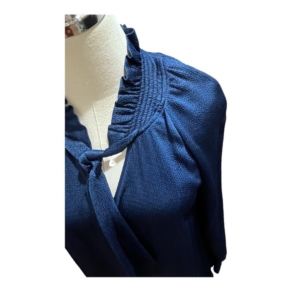 Sandro Paris V-Neck Blue Textured Mini Shift Dress Neck Tie Long Sleeve Sz 36 - Picture 8 of 16